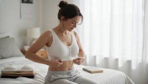 Woman wearing a supportive postoperative bra after breast augmentation surgery